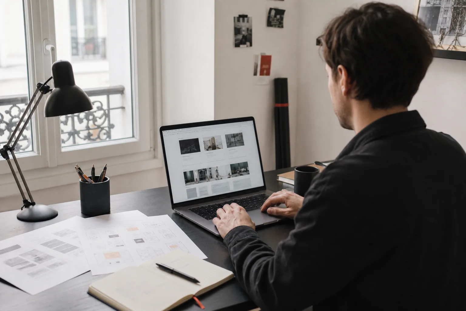 Créateur web indépendant travaillant sur une interface et des documents de cadrage