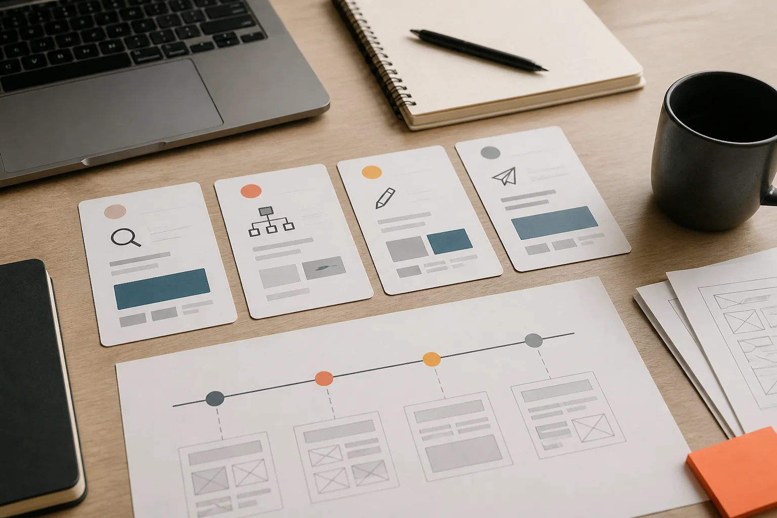 Bureau de conception avec cartes de parcours, ordinateur et supports de cadrage digital