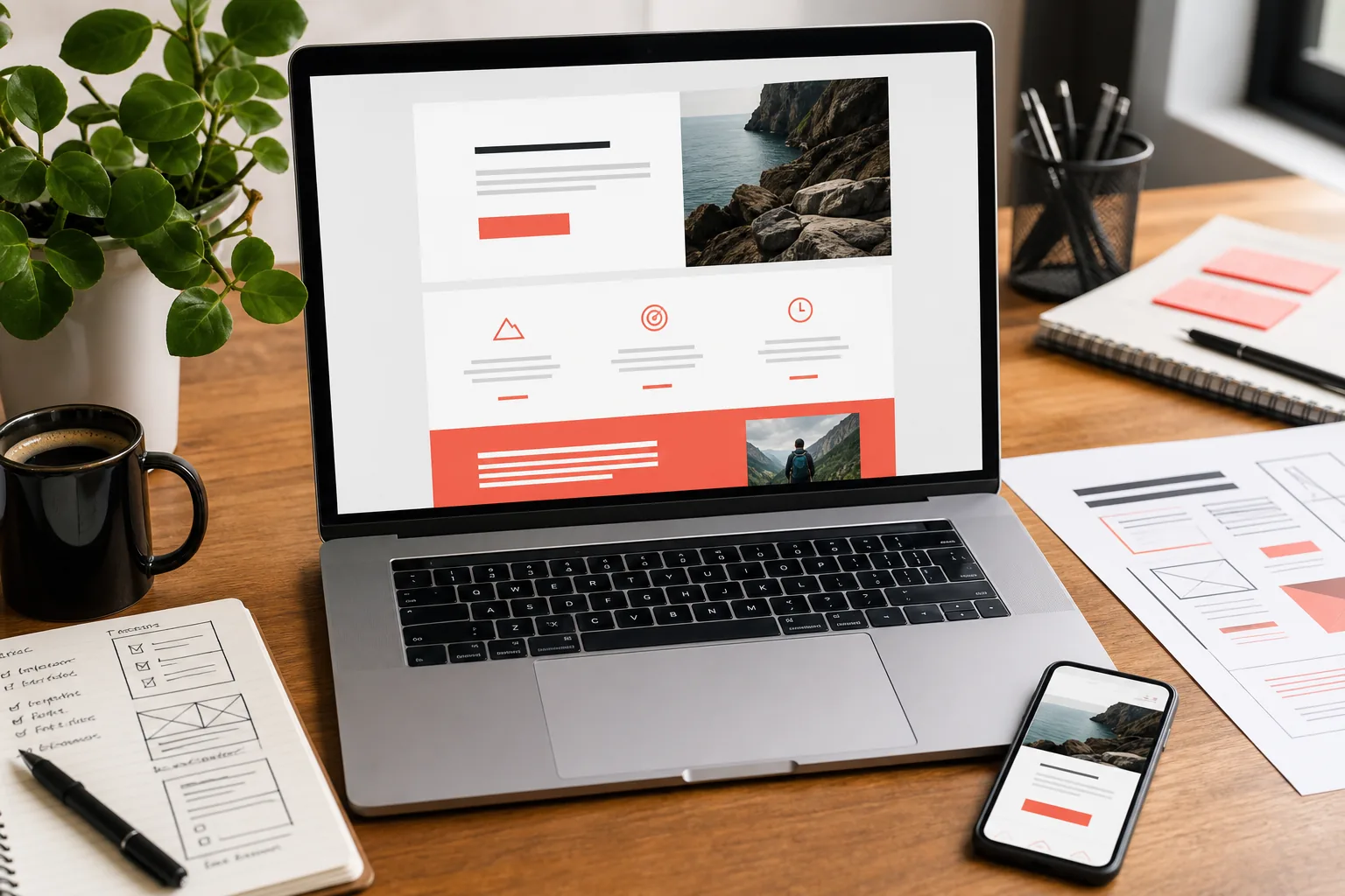 Conception éditoriale d’une page de lancement avec messages et appel à l’action
