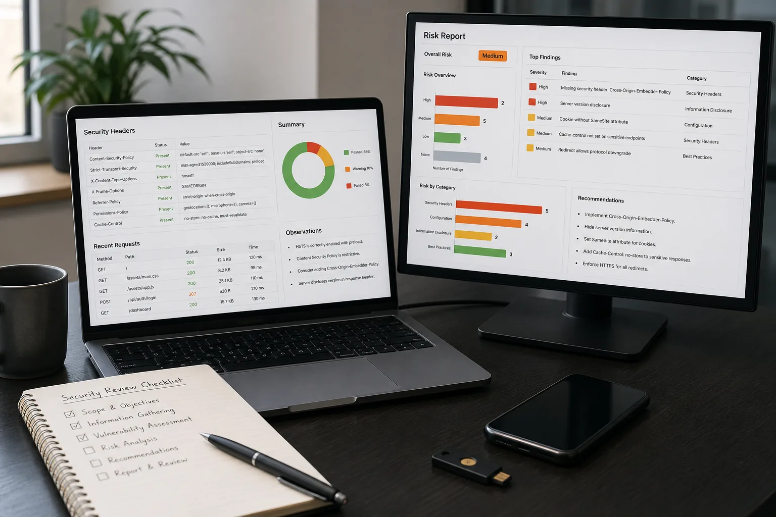 Écran de contrôle de sécurité web avec rapport et configuration technique