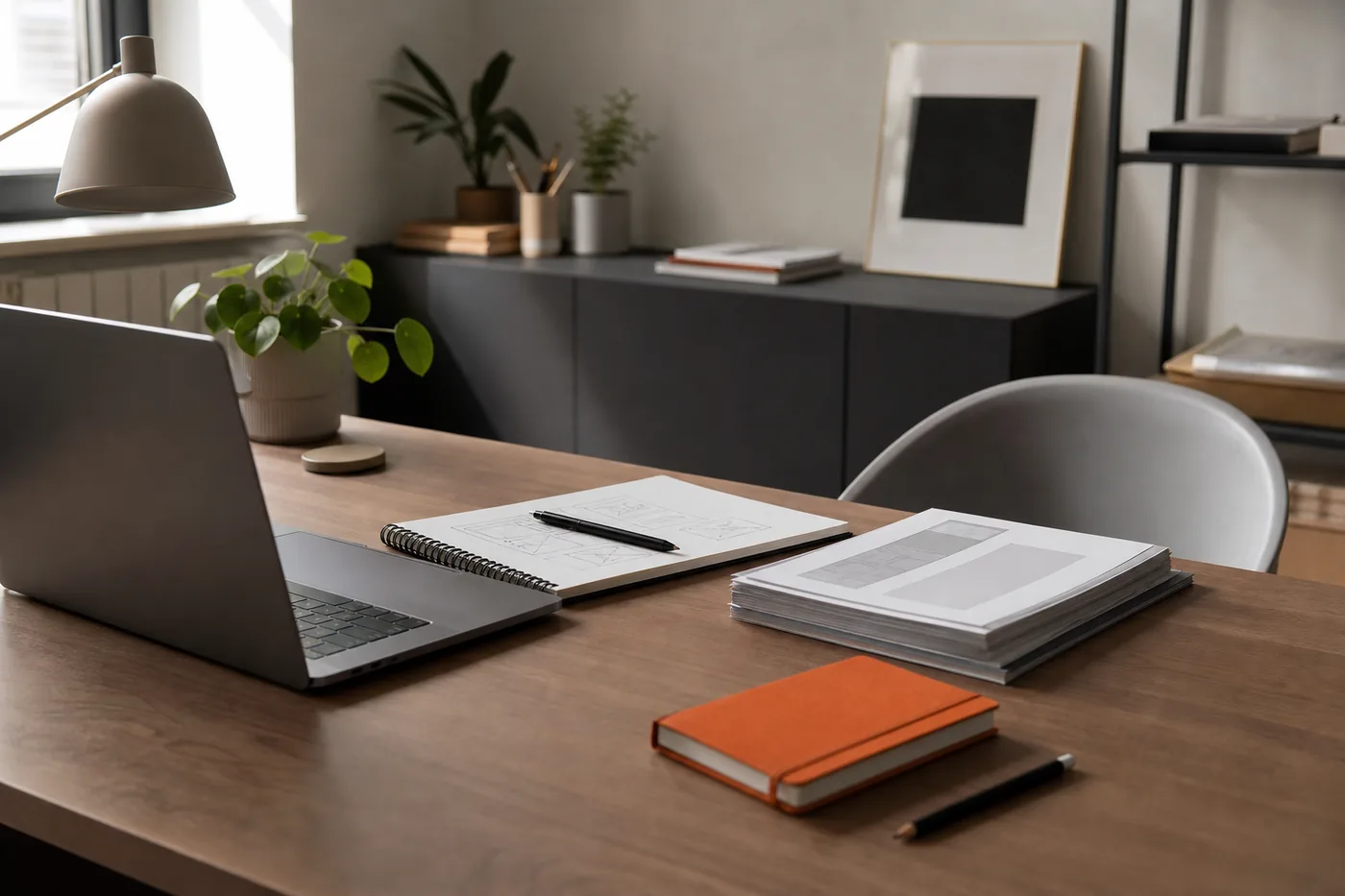 Bureau de studio digital avec carnet, ordinateur et documents de projet