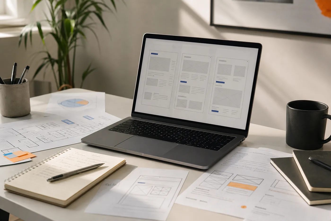 Bureau de travail avec wireframes, ordinateur et notes de conception web